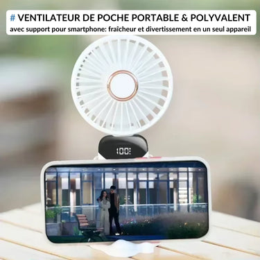 Ventilateur de poche portable avec support pour smartphone, combinant fraßcheur et divertissement, idéal pour regarder des vidéos en tout confort.